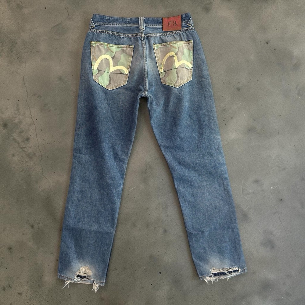 Evisu Jeans Mens 32x32 Custom Made No. 3 Camo Pocket Painted Seagull Thrashed